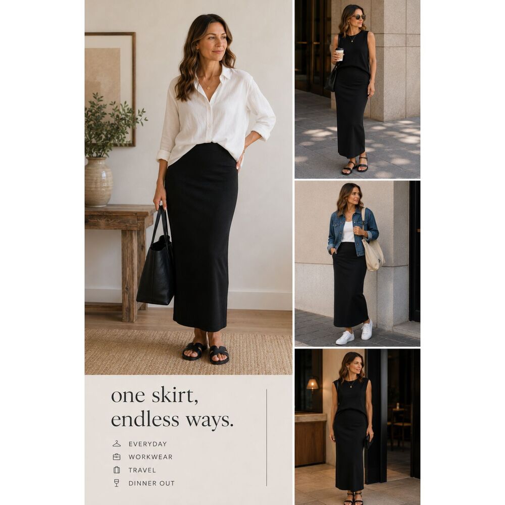 Eileen Fisher Black Jersey Maxi Skirt L Stretch Minimalist Quiet Luxury Comfy